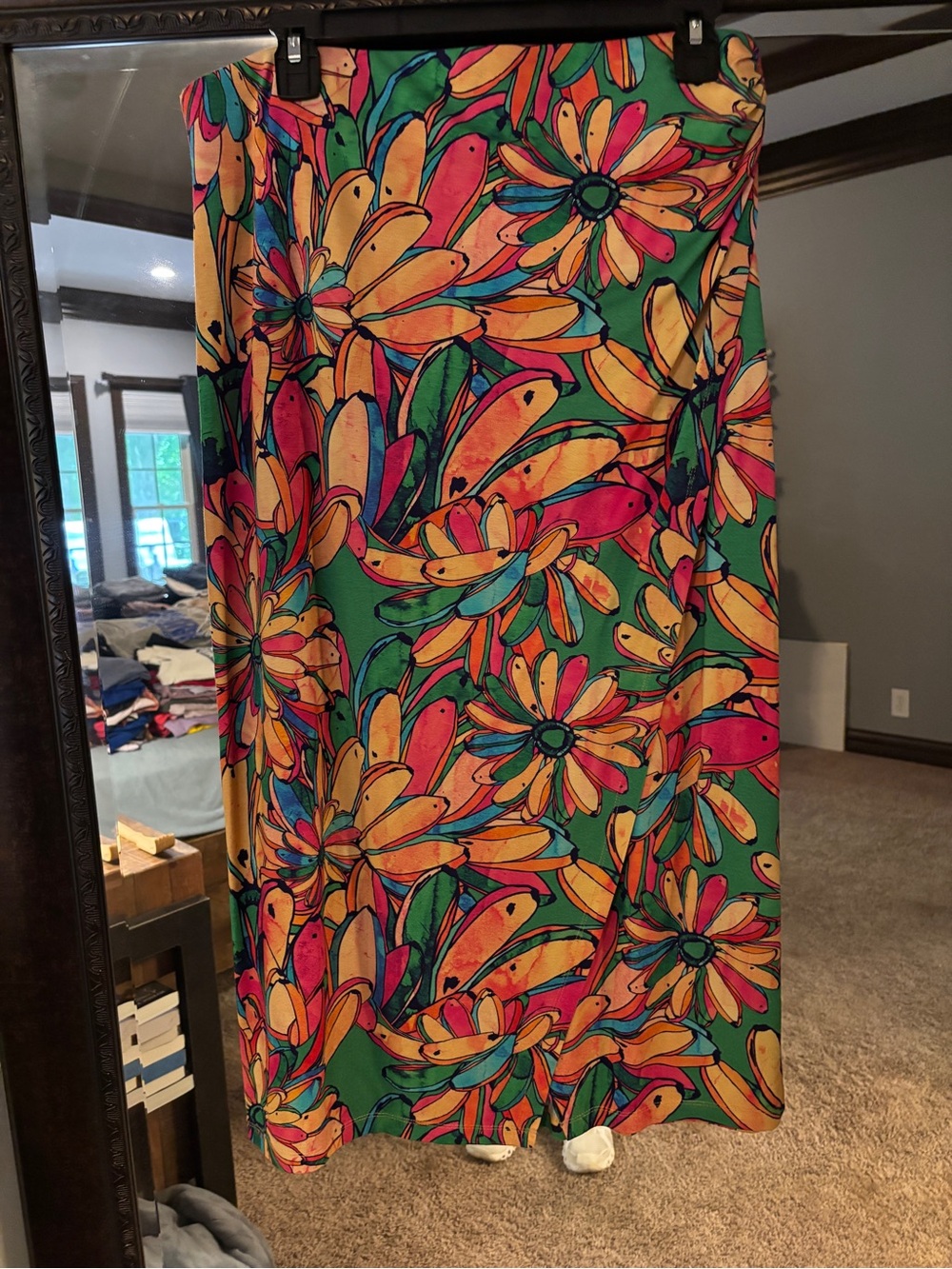 FARM Rio Green Maxi Skirt with Orange and Pink Floral Print